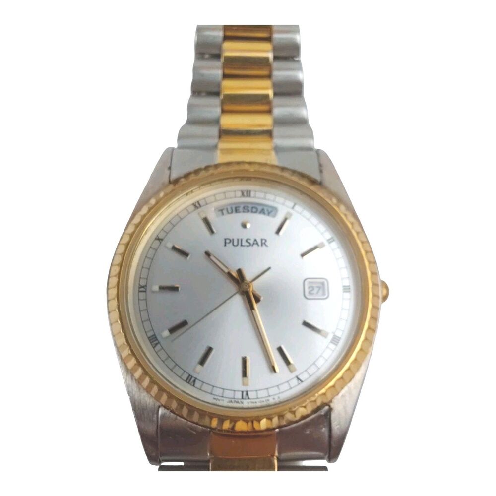 Seiko Pulsar Day Date V744-0A20 New Battery Vtg Working Silver & Gold Tone Japan